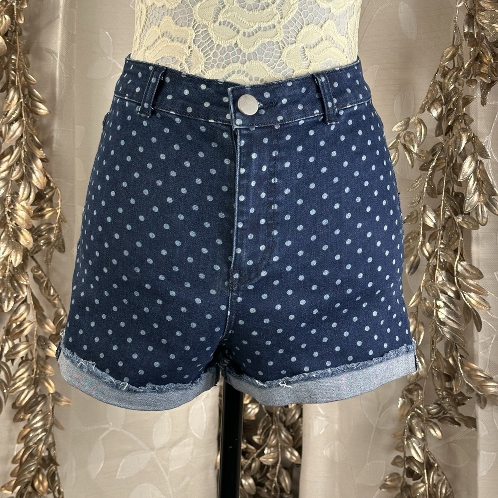 Altar'd State Womens Polka Dot‎ High Waisted Denim Shorts Blue White Size 5 27W